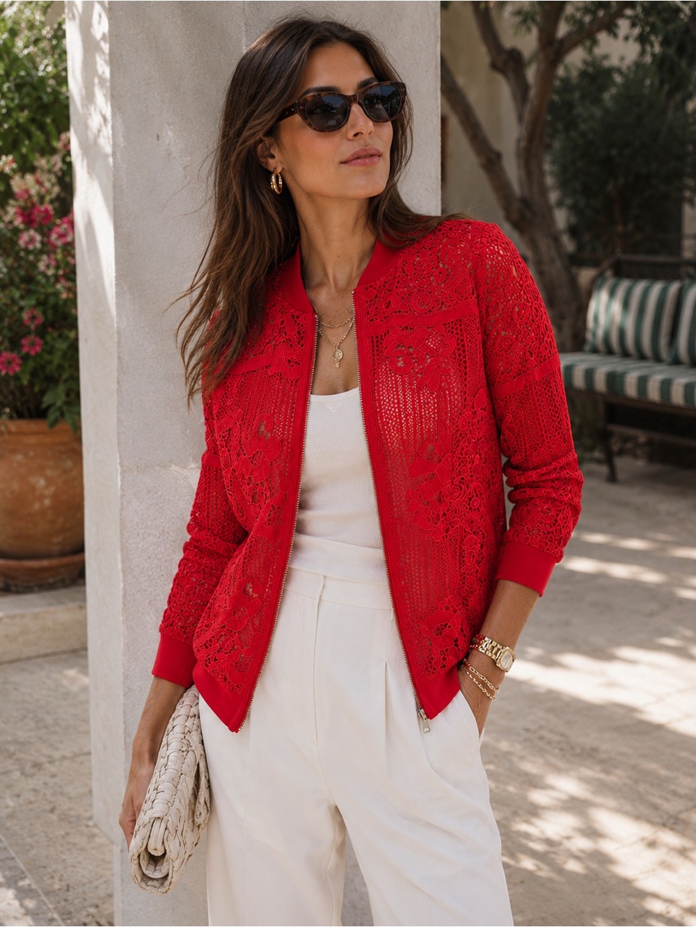 CHICO’S Red Lace Cutout Crochet Bomber Jacket Size Small